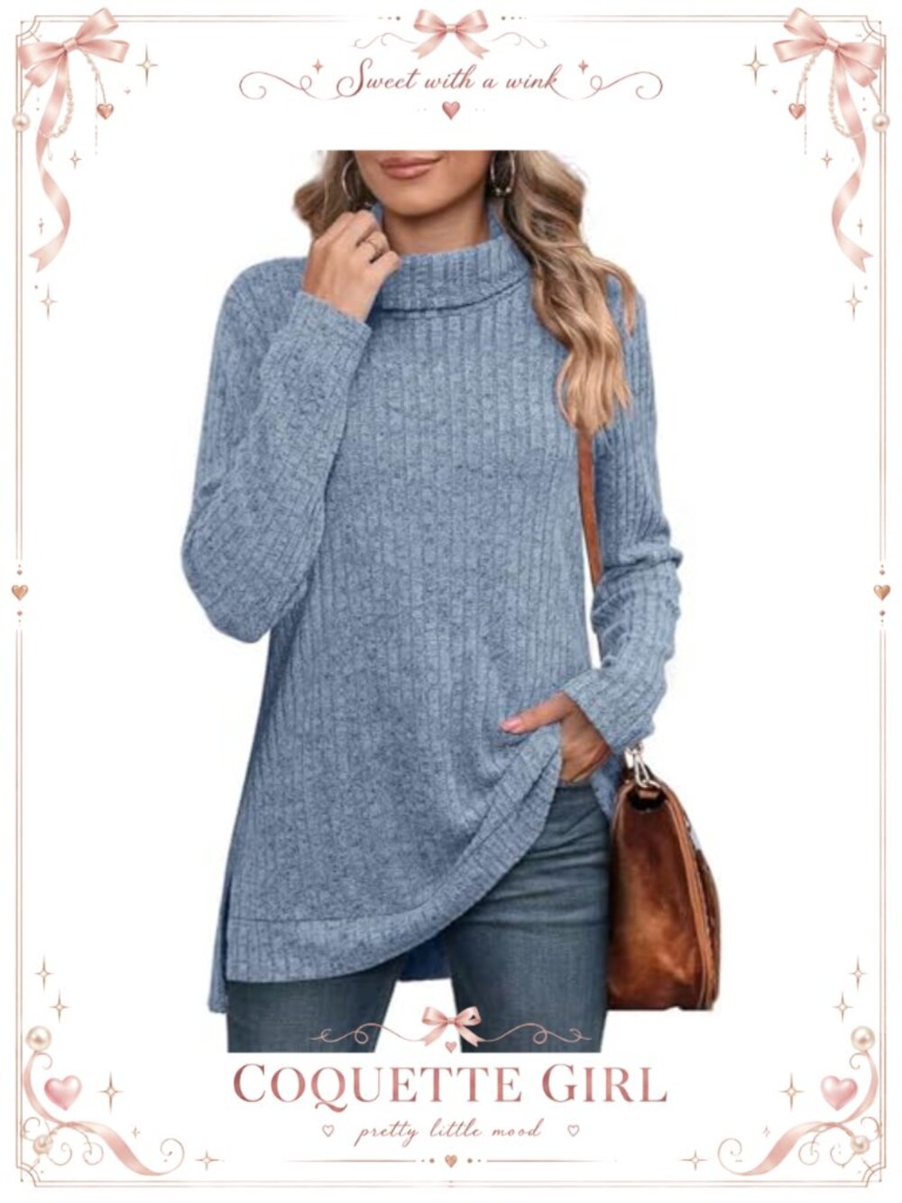 Women's Lightweight Turtleneck Tunic Sweater High Low Hem Slit Pullover